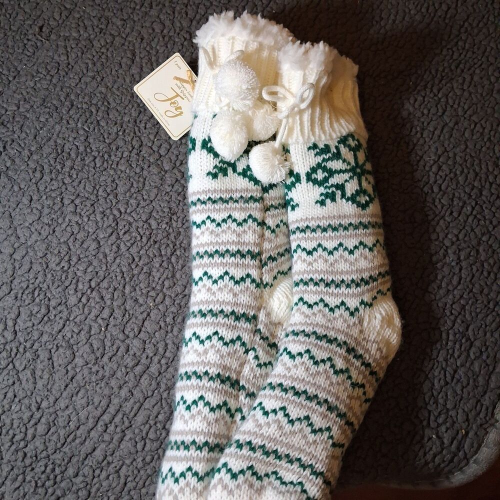 Pair Women's Slipper Socks w/ Gripper Soles Fleece Lined Green/Gray/Ivory NWOT